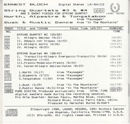 String Quartet 3 & 4. Ernest Bloch:Pro Arte Quartet - Image 2